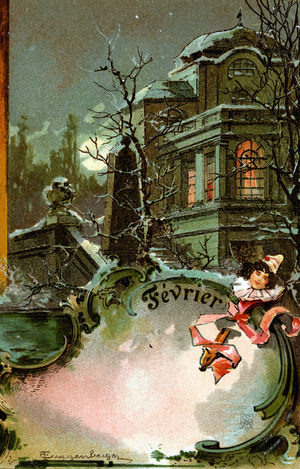 The month of February represented by a night of carnival: Pierrette, an ancient palace in a snowy night and full moon. Chromolithography of T. Guggenberger, France circa 1900.