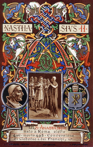 Saint Anastasius II (Anastasio II) Pope elected in 496 died in 498. Clovis's religious conversion. Pious Image, Chromolithography Rome, 1903