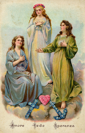 Love, Faith and Hope represented by three young women and three floral arrangements: a cross of blue flowers for faith, a heart of pink flowers for love, an anchor of blue flowers for hope. Chromolithography, Italy, circa 1910.