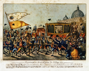 Risorgimento: Pope Gregory XVI (Gregorio 16) crosses the crowd in his carriage, cheers after the failed attempt of insurrections against the papal states in Rome on 21/02/1831. Colourful vintage print.