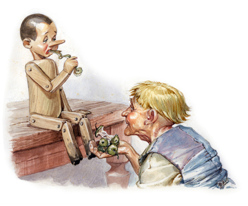 “” Pinocchio puppet eats pears and pears “” for “The Adventures of Pinocchio”” by Carlo Collodi (1826-1890) “” Avventure di Pinocchio “” 1955.