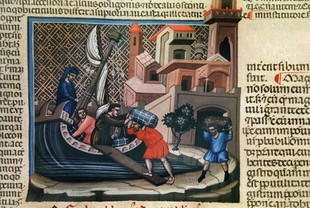 Loading Goods on to a Ship, from the manuscript 'Justiniano Institutiones Feodorum et Alia', c.1300 (vellum)