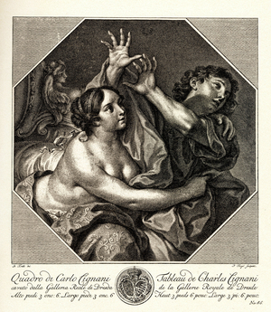 The wife of Putiphar (Potiphar) tries to seduce Joseph, the slave of the Pharaoh. Carlo Cignani engraving from the 17th century
