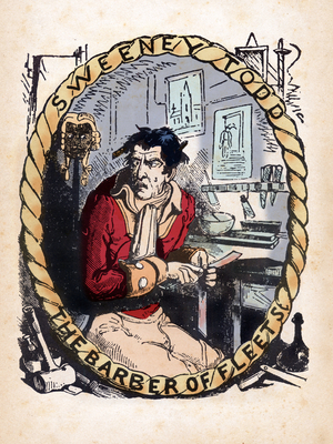 Roman d'horreur : ""Sweeney Todd, le diabolique barbier de Fleet Street"" (Il diabolico barbiere di Fleet Street). Illustration du roman anglais d'un auteur anonyme de l'epoque victorienne publie dans un fascicule de la premiere moitie du 19eme siecle. L'histoire s'inspire d'un personnage ayant probablement reellement existe : un barbier assassin pendu a Londres a la fin du 18eme siecle. ©Fototeca/Leemage