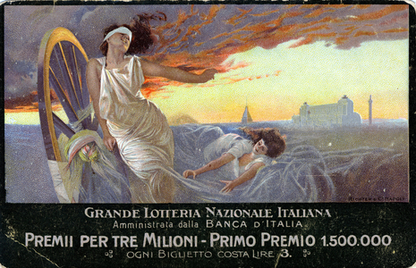 Allegory of luck. Advertising postcard for Great Italian National Lottery administered by the Bank of Italy, c.1920 (chromolithograph)