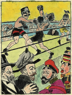 Boxing match between the King of Italy Vittorio Emanuele III (Victor Emmanuel III) and Francis Joseph I (1830-1916): the king of Italy punches the Emperor of Austria. Spectators: “What is the name of this punch?” “Trieste!” Satire about the conflict between Italy and Austria for Trieste, still Austrian at that time. Illustration of “" Cara-Dura "”, Buenos Aires 1915.