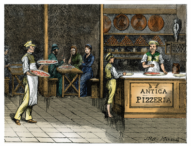 Naples: old pizzeria. Colorful engraving of the 19th century.