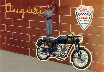 Greeting postcard representing the Italian motorcycle Ducati meccanica. S.p.A., Bologna. 1937
