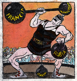 Portrait de Guillaume II (1859 - 1941): l'Hercule allemand fait une performance dans une exhibition de soulevement de poids devant un public ebahi. Chaque haltere porte le nom d'un etat ennemi: France, Angleterre, Russie, Italie. (D'apres ""Gedeon"", dessin de Sileno, 1915)