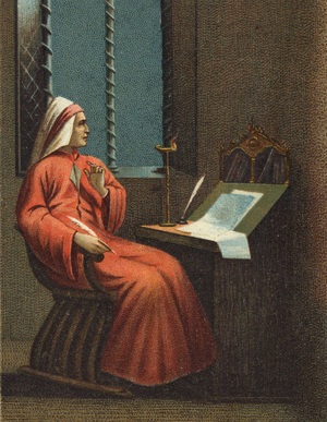 Portrait of the Italian poet Dante Alighieri (1265-1321) .chromolithography circa 1890.