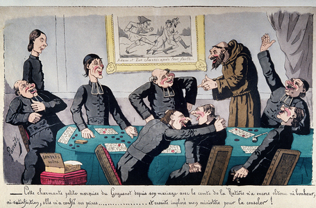 Anticlerical caricature: satirical vignette of Lavrate, 19th century (lithograph)