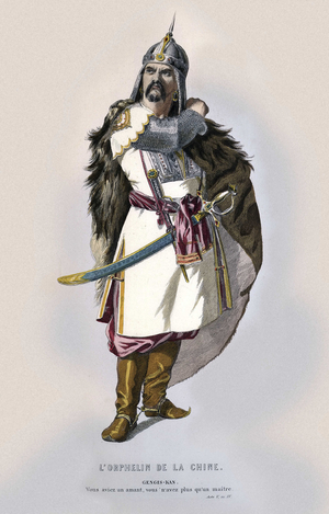 Scenography: costume of the character of Genghis Khan (1155-1226) for Voltaire's play “The Orphan of China” depicted for the first time in 1755. 19th century watercolor