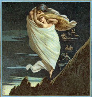 vision of Paolo and Francesca in the circle of lust. Chant V of Hell, chromolithography from 1918.