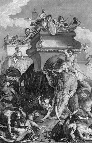Fight of the Jews against the Army of Antiochos IV Epiphanes: episode of the Macchabee revolt (Maccabee or Macabee) that saw the death of Eleazar Maccabee crushes by an elephant in 163 BC. Etching of the Bible, 1837.
