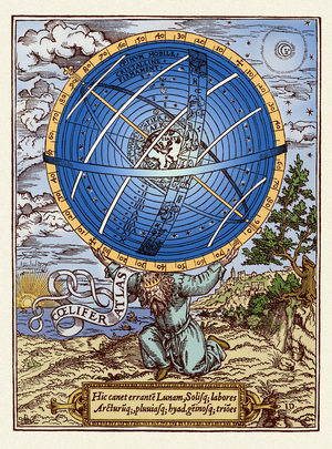 Claude Ptolemee System (90-168). Colorful engraving representing the Universe of 1559.