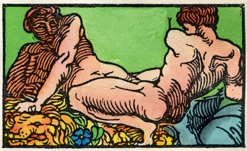 Horoscope, sign of the zodiac: astrological sign of the Gemeaux. Color engraving around 1900