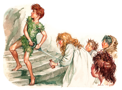 “Peter Pan, Wendy and the Lost Boys” for “Peter Pan” by James Matthew Barrie (JM or J. M. Barrie, 1860-1937) 1909-1910.