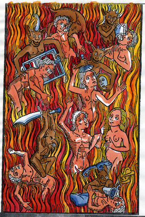 Le miroir infernal. Xylographie aquarellée du traité ""Der Selen Wrezart"", Ulm 1483.