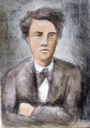 Portrait of Arthur Rimbaud (1859 - 1891). Lithograph by Carlo Carrà (+ 1966) after a daguerreotype.