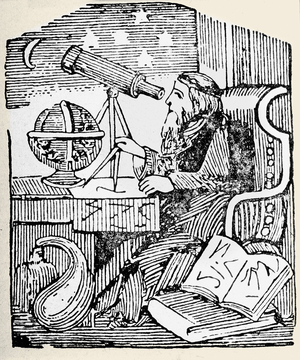 Astronomy: An astrologer scrutinizes the celestial vault with a long view. Xylography, 19th century.