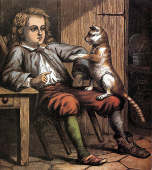 Illustration of the tale of Charles Perrault (1628-1703) “The cat boots”: the cat and his little master