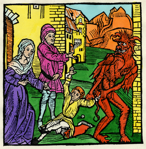 Un démon emporte un enfant promis au diable. Xylographie colorisée de Ritter von Turn de Geoffroy de Latour Laudry 1493.