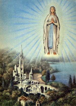 Representation of the sanctuary of Lourdes, place of pilgrimage with the Virgin. Image published on the occasion of the centenary of the appearance of the Virgin to Bernadette de Soubirous. 1958