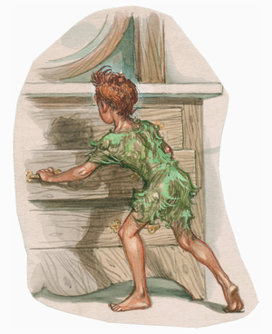 “Peter Pan and his shadow” for “Peter Pan” by James Matthew Barrie (JM or J. M. Barrie, 1860-1937) 1909-1910.