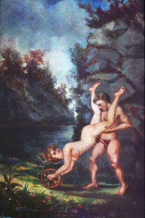 Erotism. Subject of a series of 23 “ex veto” erotic. The famous position of the cart in a natural setting. Painting of an anonymous Italian. Oil on wood, circa 1880.