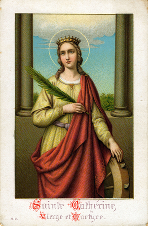 Pious image: representation of Saint Catherine of Alexandria holding the palm and wheel of her martyrdom. Chromolithography from 1900