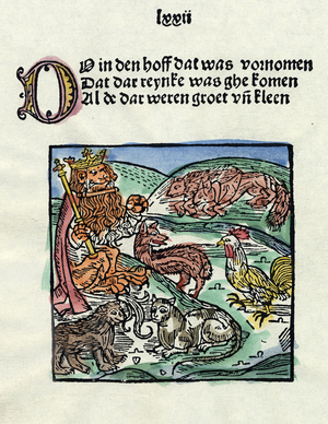 Roman de Renart : Devant le roi Lion, proces du renard qui a mange le frere et la soeur de la poule, Mme Pinta - ill. de la 1ere traduction, 1498. ©Fototeca/Leemage