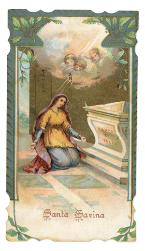 Saint Savina (Santa Savina died in 311) near the tomb of Saints Naborre and Felice da Essa which trasportati. Pious image. Chromolithography, Milan circa 1900.