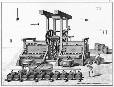 Agriculture: grape press with tank and drainer for barrels. engraving by Robert Bernardt, plate of “" l'Encyclopedie "” by Diderot and D'Alembert, 18th century.