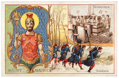 “" Representation of Saint Maurice d'Agaune (3rd century), martyr of Valais and patron saint of dyeers and infantry "” Chromolithography 1900