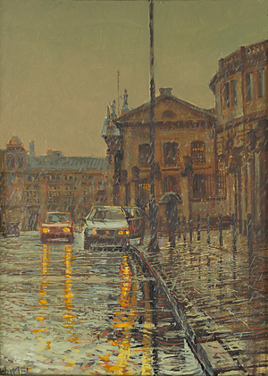 Broad Street in the Rain, Oxford, 2004 (oil on gesso)