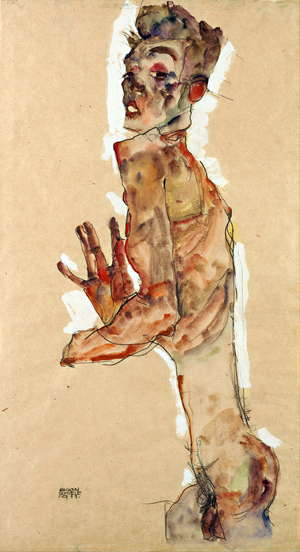 Self-Portrait With Splayed Fingers, 1911 (black chalk, gouache on paper)
