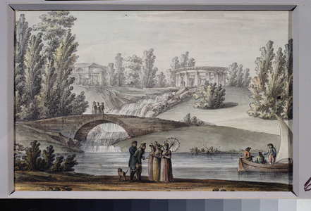 The temple of Apollo and the waterfall in the Pavlovsk park (Saint Petersburg), c.1800 (watercolour on paper)