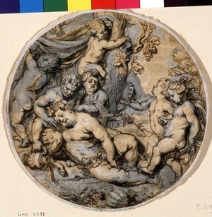 "Bacchus sleeping" (Sleeping Bacchus) He is surrounded by putti, satyr, 17th century (ink drawing)