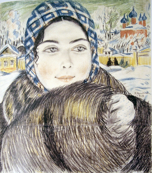 A Young Mercant's Wife in a checkered scarf, 1919 (pencil)