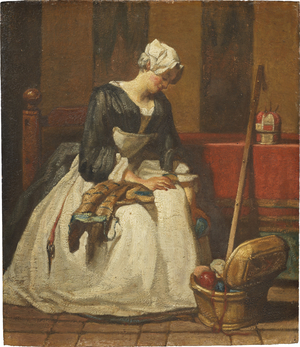 The Embroiderer - The Embroideress, 18th century (oil on wood)