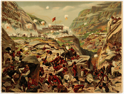 Balkan War. The Battle at Tarabosh (Tarabosch, Montenegro), 1912 (colour lithograph)