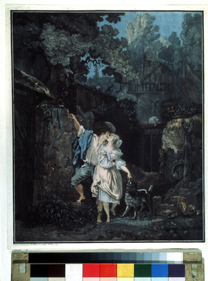"Farewell in the morning" (Farewell Morning) a couple leaves in the early morning, 1787 (lithograph)