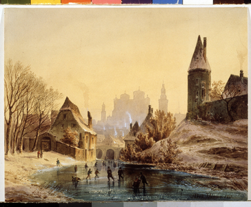 "The ice rink on the gelee river" (skating rink we have river), 1855 (watercolour)