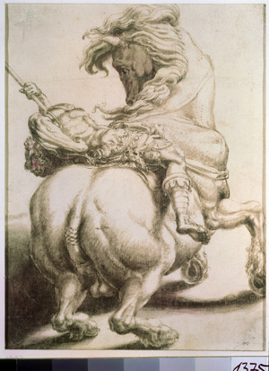 Cavalier pierces by a lance (Rider Pierced by a spear), 16th century (grisaille on paper)