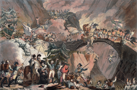 Army of Alexander SUVOROV (Alexandre Souvorov) Crossing the alps in , 1799 (aquatint)