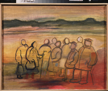 Decor preparatory with a group of peasants for the film "A country village", 20th century (oil on canvas)