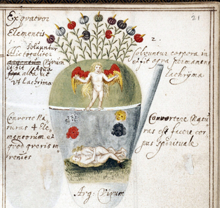 Page from an Alchemy notebook: angel and a couple, c.1620 (watercolour)