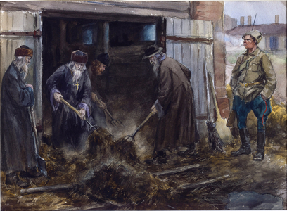 A Group of Russian Priests forced to Clear the Barrack Stables, 1918 (watercolour, gouache on paper)
