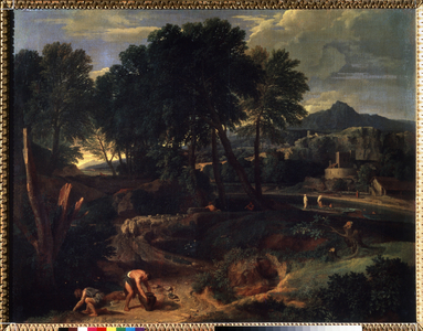 Landscape with a flock of sheep on road, 17th century (painting)