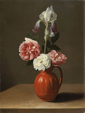 An iris and three roses in an earthenware pot, 17th century (oil on wood)